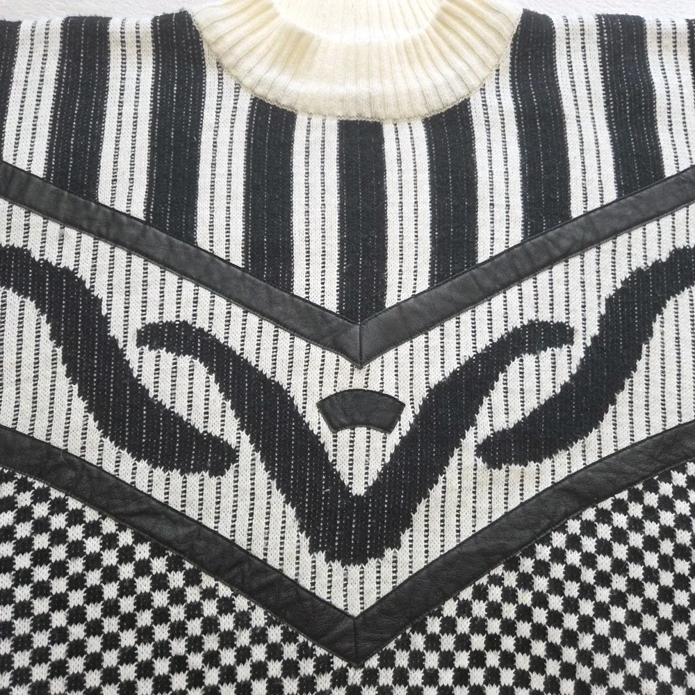 Vintage 80s Crewneck Sweater Acrylic Leather Knit Preppy Sweater‎ Womens Large